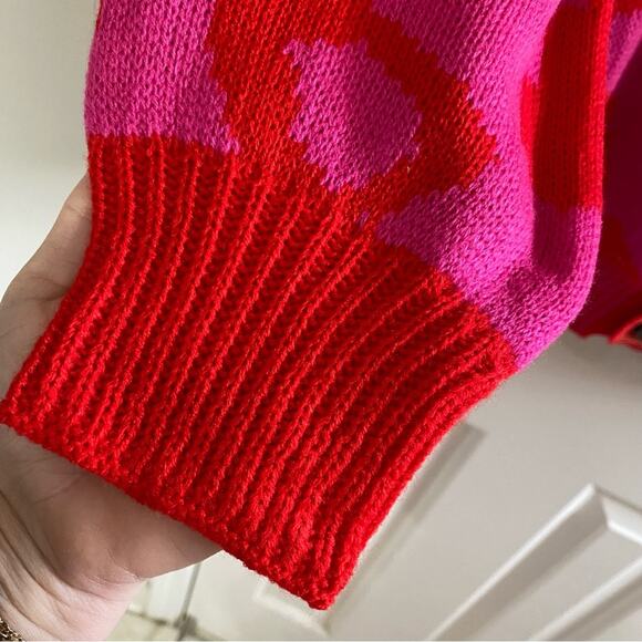 J.NNA • Red + Pink Two-Tone Color Block Button Front Leopard Cardigan - Picture 7 of 8